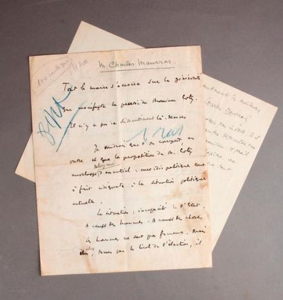 Charles MAURRAS (1868-1952) Deux pièces.
Intéressant manuscrit politique autographe...