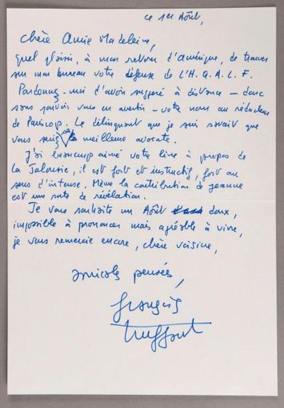 François TRUFFAUT (1932-1984) Lettre autographe signée, 1er août, sur grande carte...