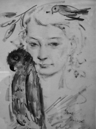 ZALIOUK SACHA (1887-1971) Femme aux oiseaux Gouache, signée en bas à droite. 37x...