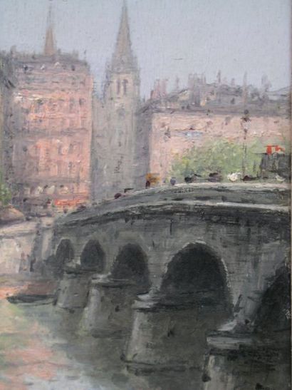 MIRO JOAQUIM (1874-1956) Le Pont au Change à Lyon. Huile sur panneau, signée en bas...