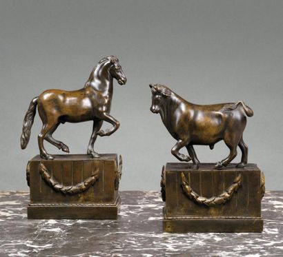 D'après Jean de BOLOGNE Deux figures en bronze ciselé et patiné l'une représentant...