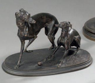 Pierre-Jules MÈNE (1810-1879) Jiji et Gisèle, deux levrettes jouant avec une balle...