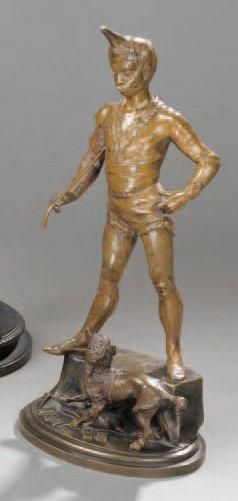 Alfred BARYE (1839-1882) Jeune dresseur et son chien Bronze à patine caramel et brun...