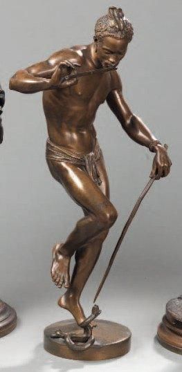 Charles-Arthur BOURGEOIS (1838-1886) Le charmeur de serpent Bronze à patine brun...