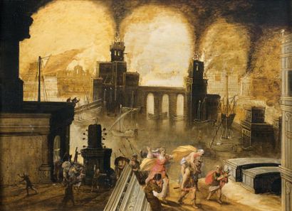 Daniel van HEIL (1595-1663) L'Incendie de Troie avec la fuite d'Enée et de sa famille...