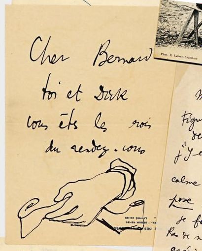 COCTEAU (Jean) Lettre autographe à Bernard [Grasset]; une page in-12 avec dessin...
