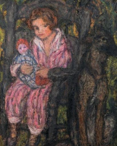 Edmond AMAN JEAN (1858-1936) Fillette à la poupée Huile sur toile, signée en bas...