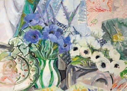 Brigitte HENNEBERT Vase aux fleurs bleues, 2005 Huile sur toile, signée et datée...
