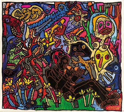 Robert COMBAS (Né en 1957) Le joueur de pipo Peinture sur toile, 1990. 160 x 173...