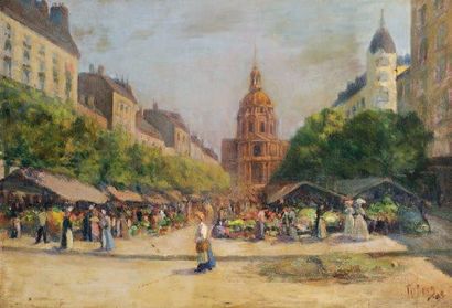 TOBEEN (actif au XXe siècle) Le marché devant la Sorbonne Huile sur toile. Porte...