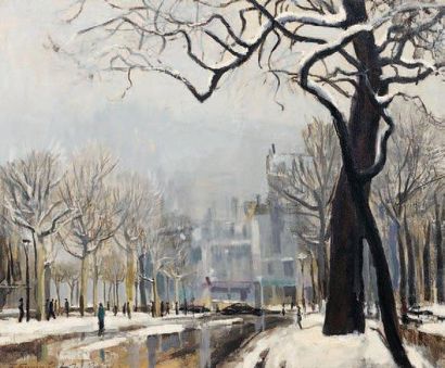 F. FARAGO (actif au XXe siècle) Paris sous la neige Huile sur toile d'origine, signée,...