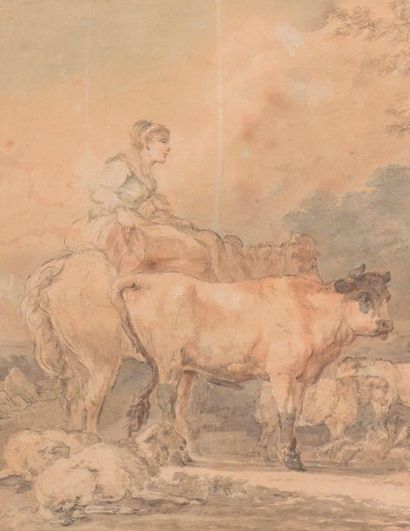 Reiner VINKELES (1741-1816), attribué à Bergère avec son troupeau Pierre noire, sanguine,...