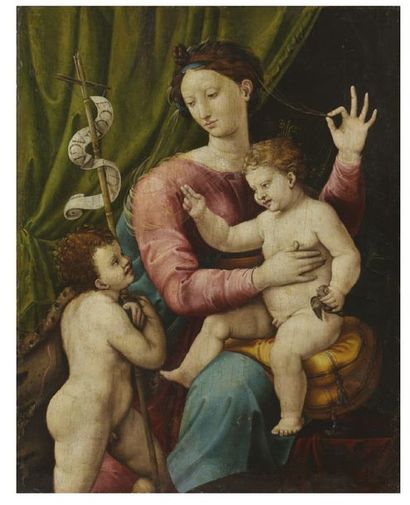 ECOLE TOSCANE Milieu du XVIe siècle Vierge au voile avec l'Enfant bénissant et le...