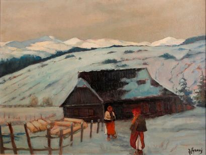 Joseph STROVY (1879-1956) Paysage d'hiver animé
Huile sur panneau, signée en bas...