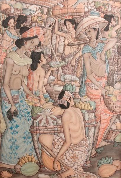 null PEINTURE sur textile, représentant une scène de marché.
Indonésie, XXe siècle.
64...
