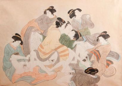 null Grande ESTAMPE, représentant une scène Shunga.
Japon, période Meiji.
35 x 50...