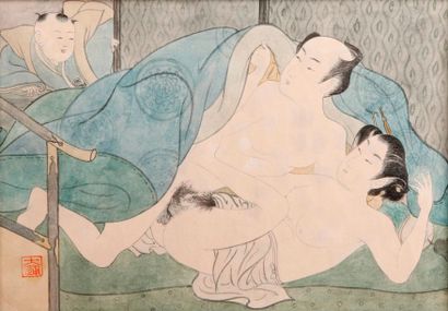 null Lot comprenant TROIS ESTAMPES Shunga.
Japon, vers 1900.