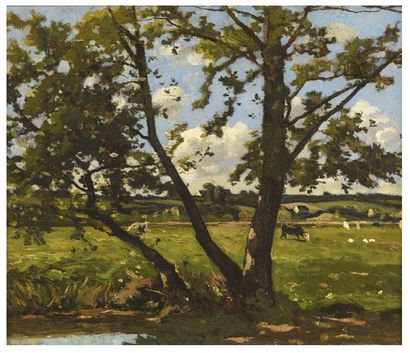Henri-Joseph HARPIGNIES (1819-1916) Pré aux vaches avec arbre en bord de rivière
Huile...
