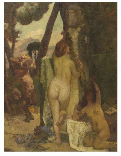 ECOLE SYMBOLISTE fin XIXe siècle Bacchantes
Huile sur toile.
61,5 x 46,2 cm