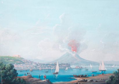 Ecole Napolitaine Baie de Naples avec le Vésuve en éruption
Gouache sur papier.
(Petites...