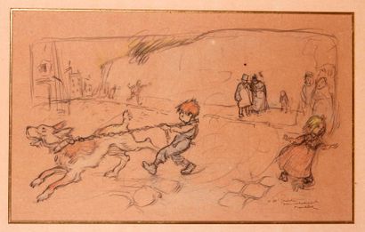 Francisque POULBOT (1897-1946) Enfants jouant dans la rue avec un chien
Crayon et...