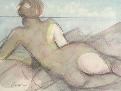 Camille HILAIRE (1916-2004) Femme allongée de dos
Fusain et aquarelle, signé en bas...
