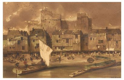 Louis Adolphe HERVIER (1818-1879) Port
Lavis et gouache, signé en bas à droite.
12...