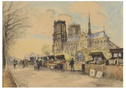 FRANK-WILL (1900-1951) Bouquinistes devant la cathédrale Notre Dame de Paris
Aquarelle,...