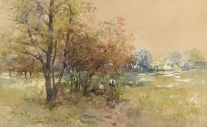 Paolo Sala (1859-1924) Couple sous un arbre en automne
Aquarelle, signée en bas à...