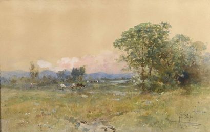 Paolo Sala (1859-1924) Vaches en bord de rivière
Aquarelle, signée en bas à droite.
29...