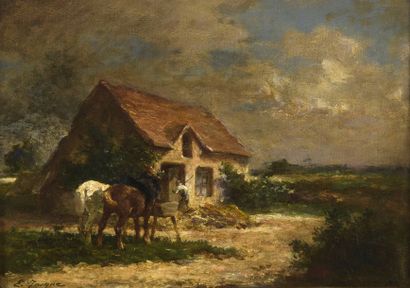 Émile JACQUE (1848-1912) Ferme aux chevaux
Huile sur toile, signée en bas à gauche.
24...