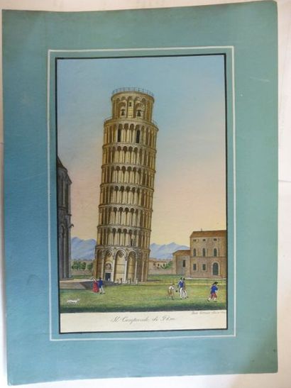 null LOT COMPRENANT : deux gravures rehaussées de gouache ‘’il campanile di PISA’’...