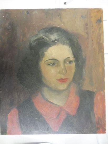 null ECOLE RUSSE vers 1935 ‘’jeune femme au chemisier rouge’’ huile sur panneau 46...