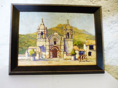 null ECOLE SUD AMERICAINE ? ‘’église de village’’ huile sur carton 20 x 28 cm ca...