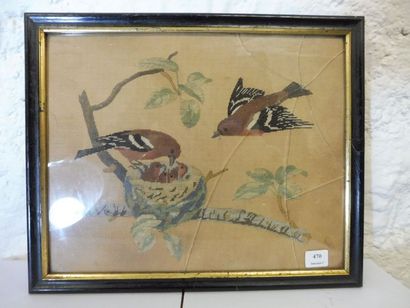 null ‘’Couple d’oiseaux au nid’’ canevas polychrome 22 x 27 cm cadre baguette noir...