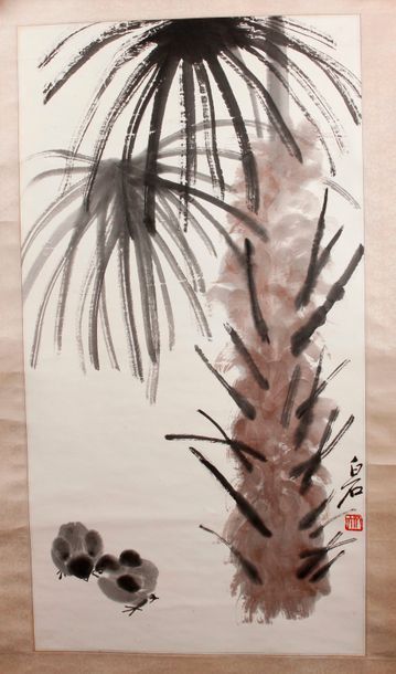 Attribué à QI BAISHI PEINTURE à l'encre sur papier de riz représentant des palmiers...