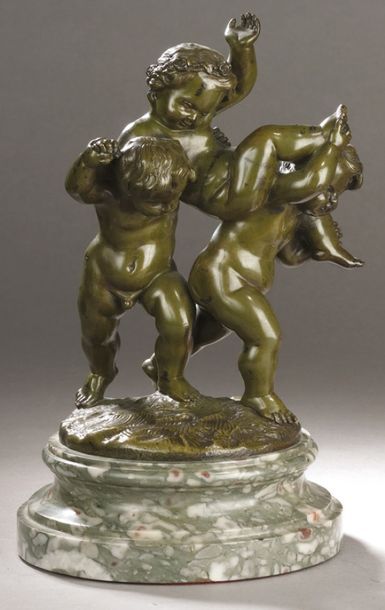 D'après Antoine-Louis BARYE (1796- 1875) Trois Putti au coquillage Epreuve en bronze...