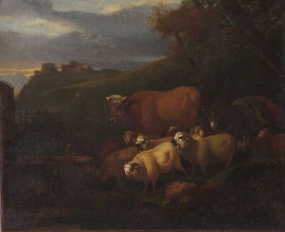 École FRANÇAISE du XVIIIe siècle Troupeau de moutons, chèvres, vache et âne à l'abreuvoir
Huile...