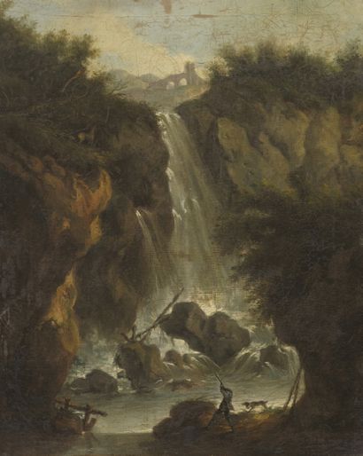 Ecole Française, dernier tiers du XVIIIe siècle Paysage à la cascade avec un chasseur
Huile...