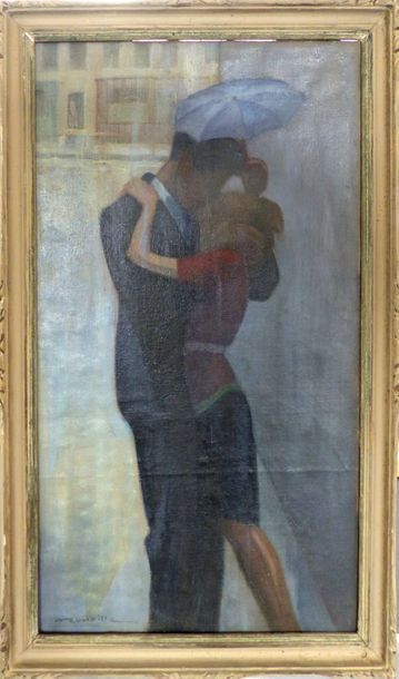 Auguste Jean B. ROUBILLE (1872-1955) Les amoureux sous la pluie
Huile sur toile,
Signée...
