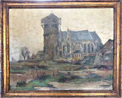 Eugène Edmond THIERY (1875-?) Vue de l'église
Huile sur carton,
Signée et datée 1932...