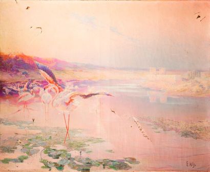 E. Baily HILDA (XIX-XX) 

Les flamands rose au bord du Nil,

Huie sur toile, signée...