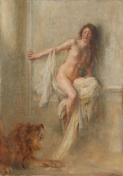 HENRI COURSELLES-DUMONT (1856-1918) 

Jeune femme au lion

Huile sur toile

Signée...