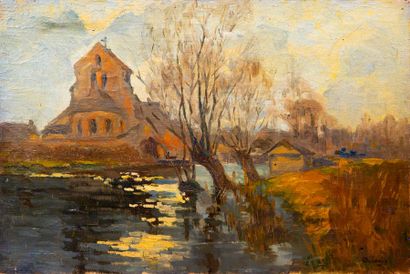 Emile BAUDOUX (1850-1929) 

Les bords de la Vesles dans la Marne 

Huile sur toile,...