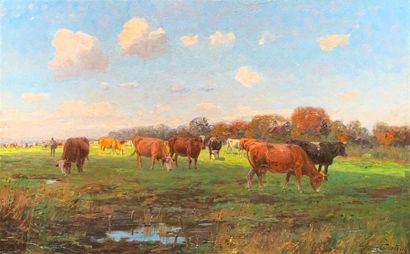Franz Courtens (1854-1943) The herd on pasture 

Oil on panel signed lower right

44...