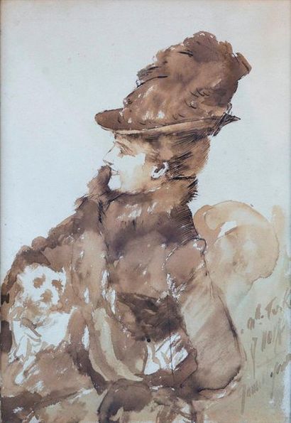 null James TISSOT (1836-1902)
Jeune femme et son chien
Aquarelle sur papier signée...