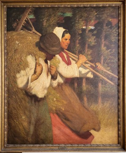  Thomas Austen BROWN (1859-1924) 
Le retour des moissonneurs 
Huile sur toile 
Signée...
