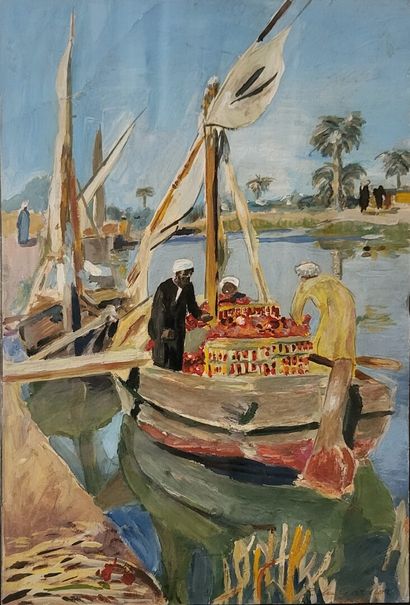  Raoul DU GARDIER (1871-1952) 
Felouks sur le Nil 
Aquarelle sur papier signée en...