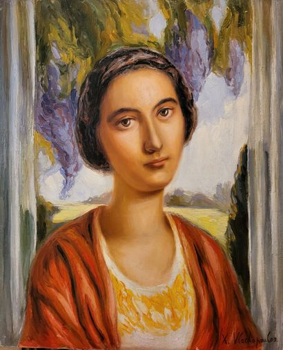  Xenophon VLACHOPOULOS (1902-1993) 
Jeune fille grecque 
Huile sur panneau signée...