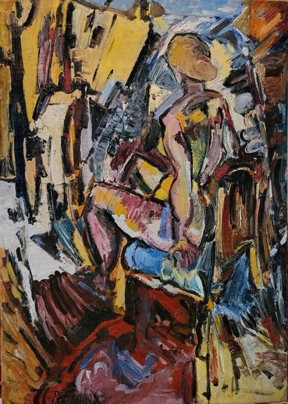  Alkis PIERRAKOS (1920-2017) 
Femme de dos assise devant un paysage 
Huile sur toile...